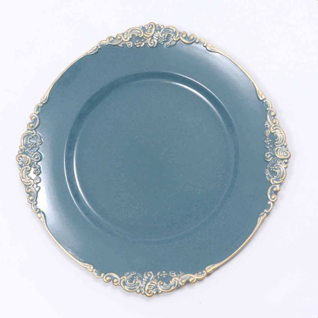 Dusty Blue Leaf Embossed Baroque With Antique Gold Rim Charger; Precious Moments Events