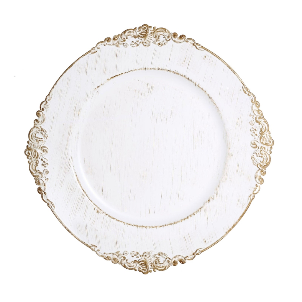 White Leaf Embossed Baroque With Antique Gold Rim Charger ; Precious Moments Events