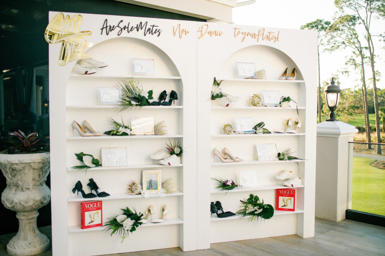 shoe bookcase for guests at wedding