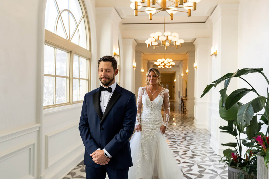 bride and groom first look