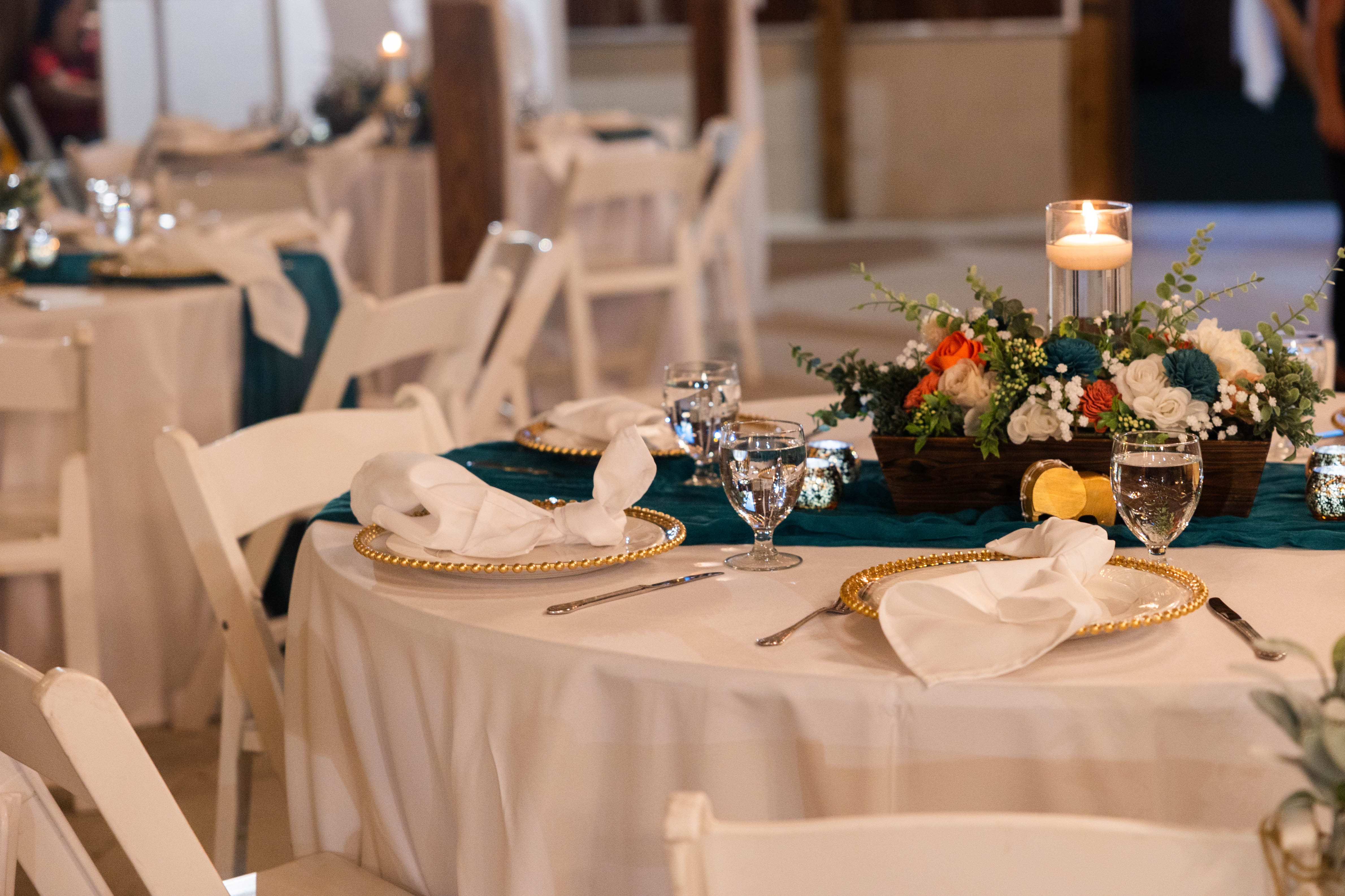 elegant wedding tablescape by Precious Moments Events for barn wedding