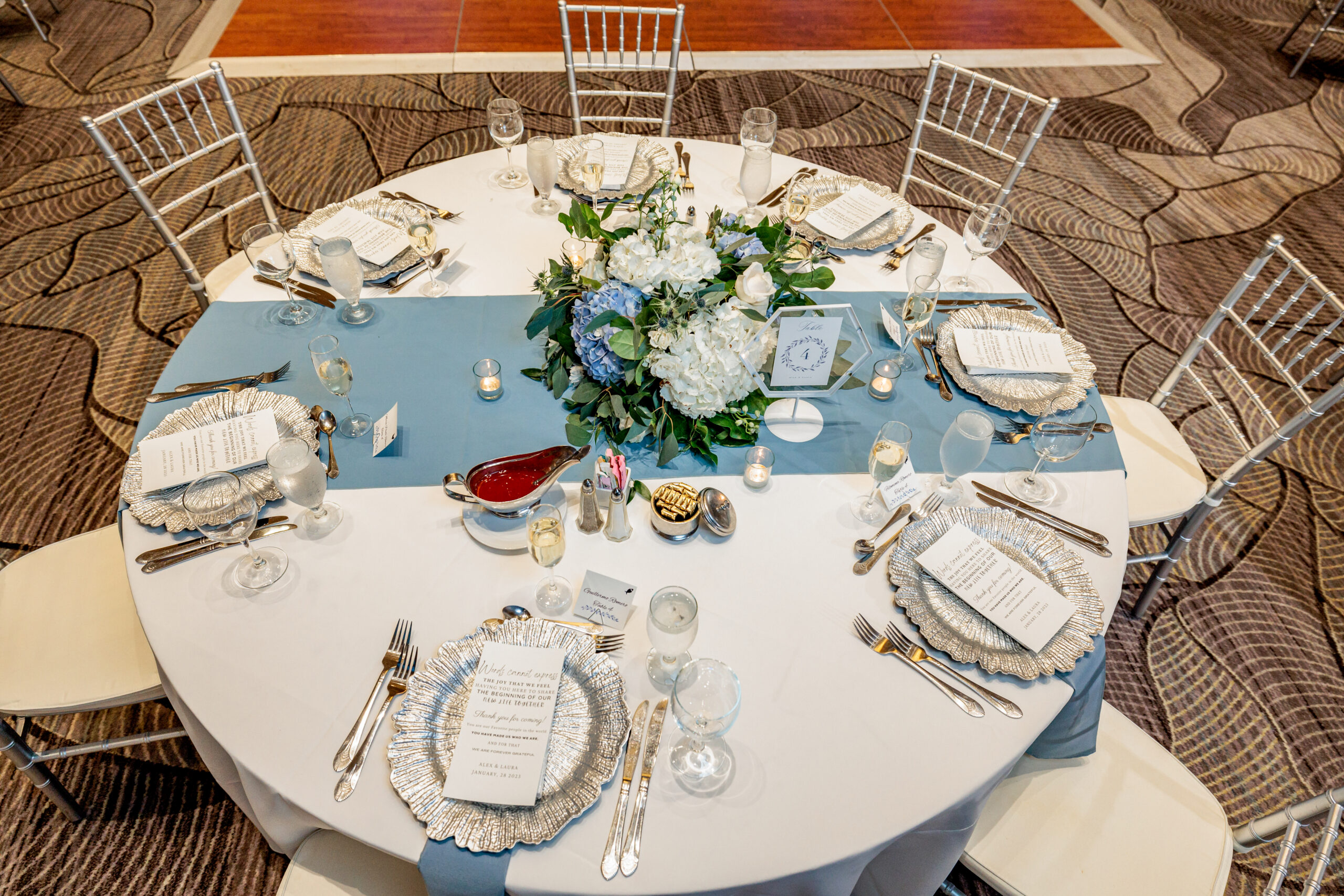 blue and silver wedding tablescape by Precious Moments Events