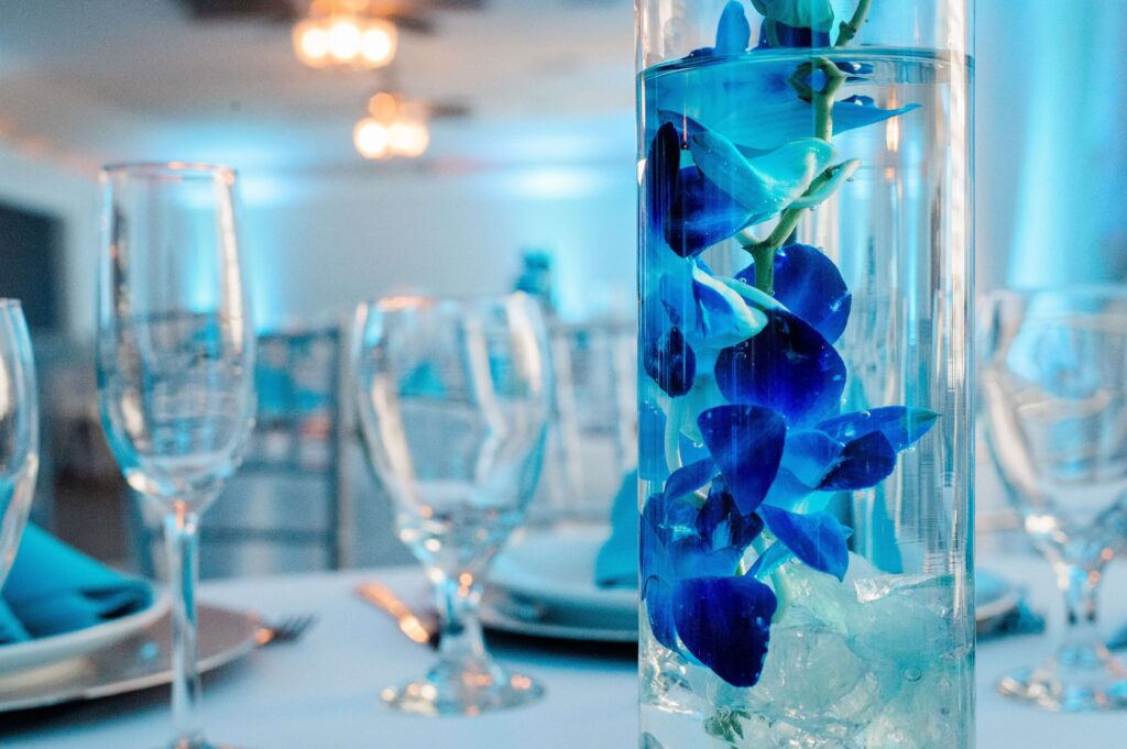 floating blue floral wedding centerpiece by Precious Moments Events
