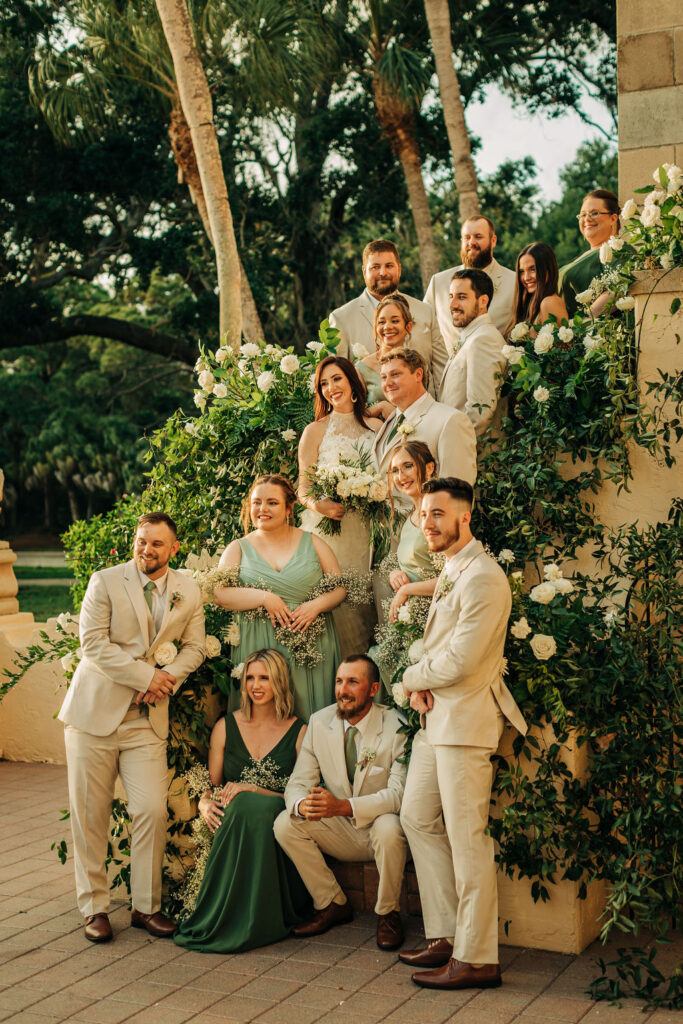 wedding party in cream and shades of green