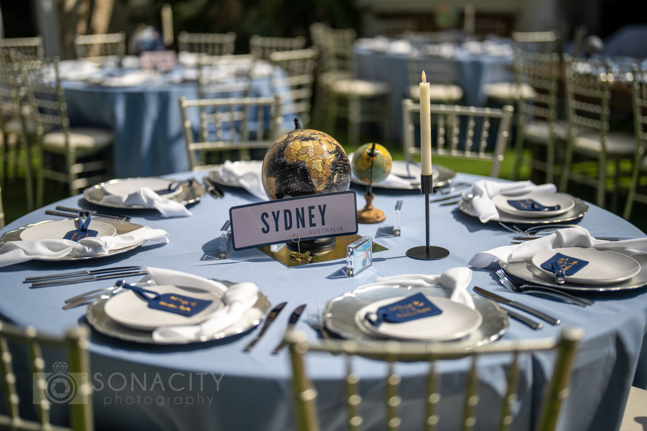 travel themed wedding tablescape by Precious Moments Events