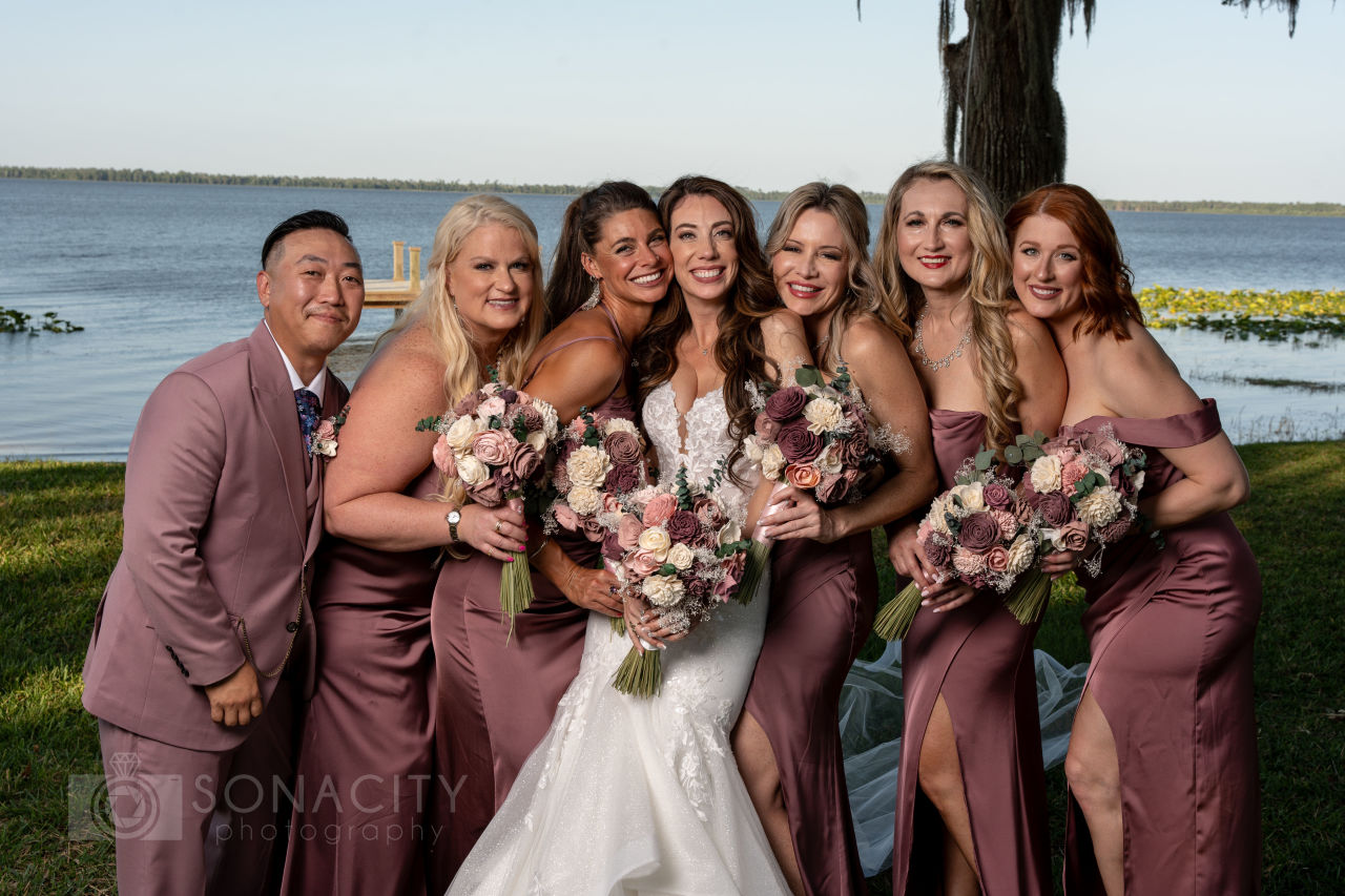 bridal party in wine colored outfits