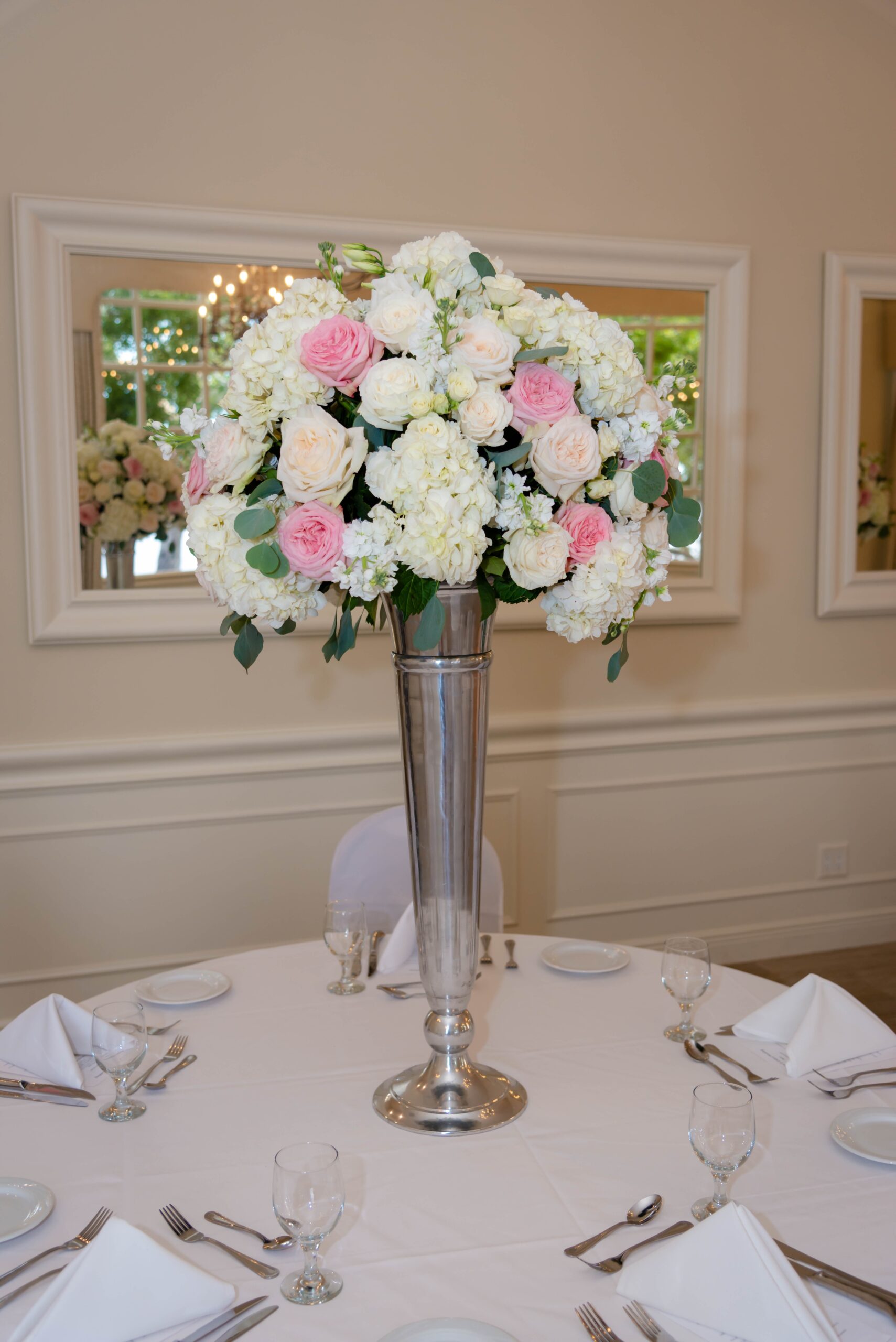 white and pink tall wedding centerpieces by Precious Moments Events