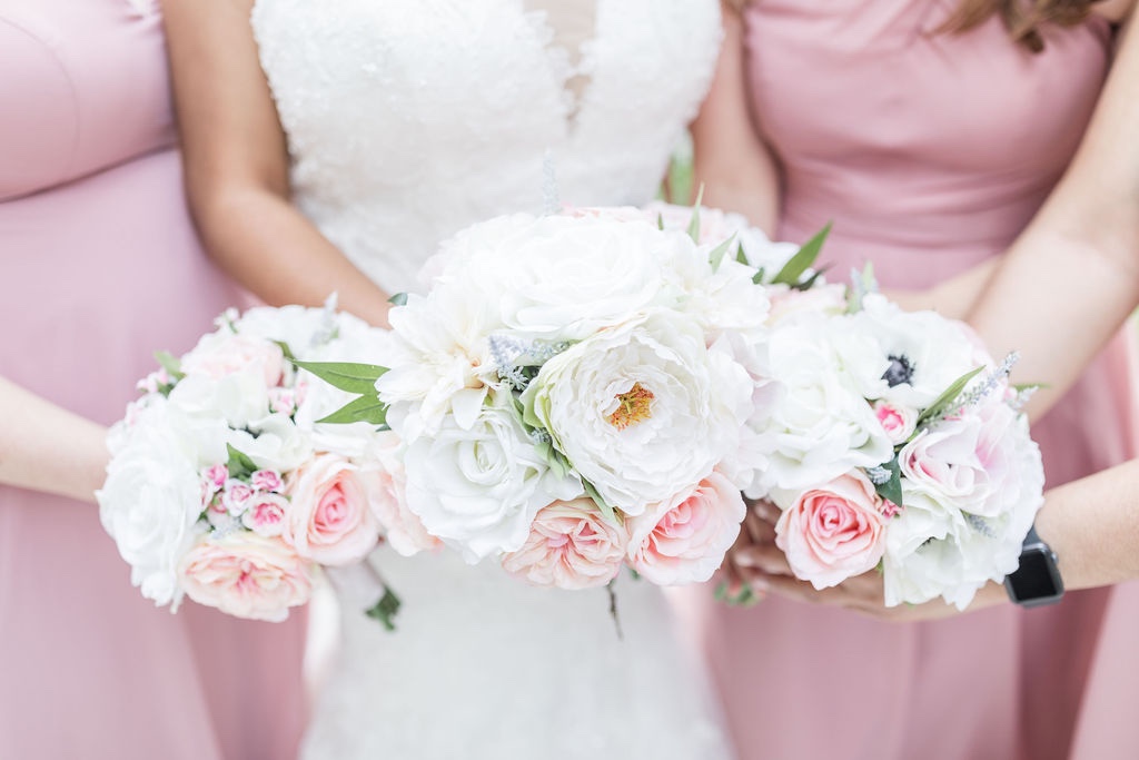 white and pink bridal bouquets