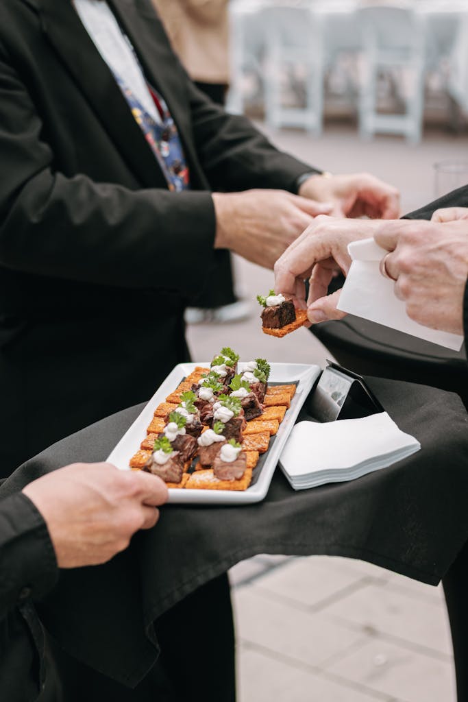 Gourmet appetizers served during an elegant catering event, capturing fine dining experiences.